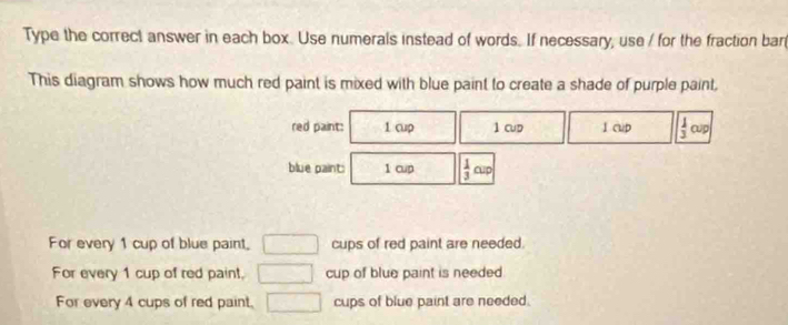 Type the correct answer in each box. Use numerals instead of words. If necessary, use / for the fraction bar
This diagram shows how much red paint is mixed with blue paint to create a shade of purple paint,
red paint: 1 cup 1 CUD l cup  1/3 ovp
blue paint: 1 cup  1/3 cup
For every 1 cup of blue paint, cups of red paint are needed.
For every 1 cup of red paint, cup of blue paint is needed
For every 4 cups of red paint, cups of blue paint are needed.