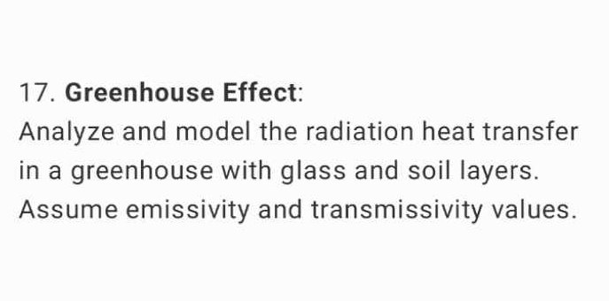 Greenhouse Effect: 
Analyze and model the radiation heat transfer 
in a greenhouse with glass and soil layers. 
Assume emissivity and transmissivity values.