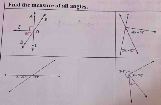 Find the measure of all angles.
A
B
E
60° 0
D,
C