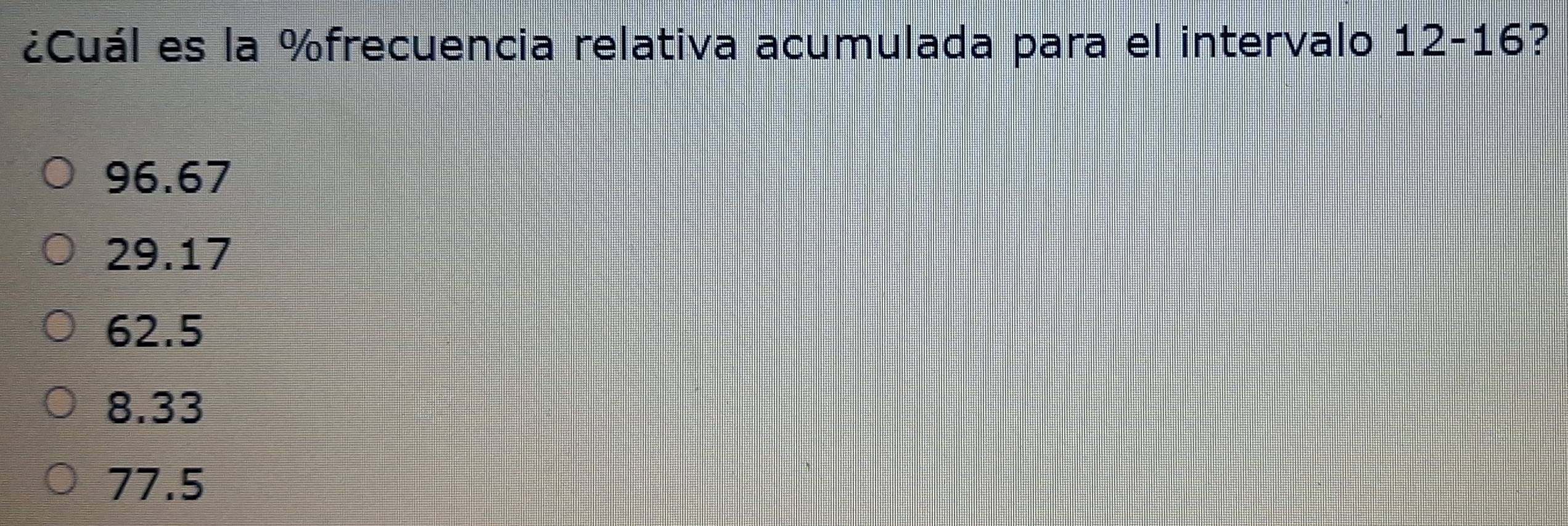 ¿Cuál es la % frecuencia relativa acumulada para el intervalo 12-16 ?
96.67
29.17
62.5
8.33
77.5