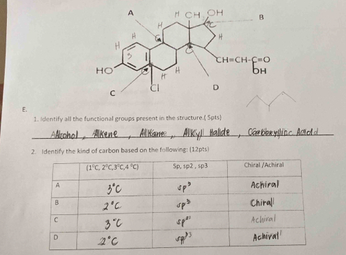 Identify all the functional groups present in the structure.( 5pts)
2. Identify the kind of carbon based on the following: (12pts)