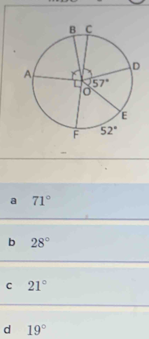 a 71°
b 28°
C 21°
d 19°