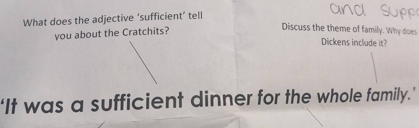 What does the adjective ‘sufficient’ tell 
you about the Cratchits? 
Discuss the theme of family. Why does 
Dickens include it? 
‘It was a sufficient dinner for the whole family.’