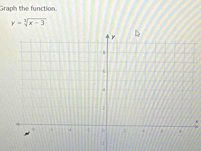 Graph the function.
y=sqrt[3](x-3)
x