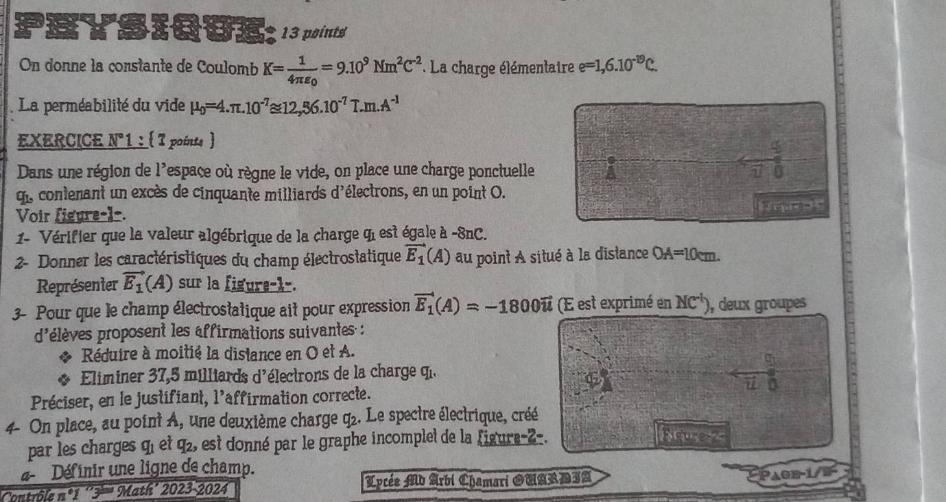 PEYSiQuE: 13 points
On donne la constante de Coulomb K=frac 14π epsilon _0=9.10^9Nm^2C^(-2) * La charge élémentaire e=1,6.10^(-19)C.
La perméabilité du vide mu _0=4.π .10^(-7)≌ 12,56.10^(-7)T.m.A^(-1)
EXERCICE N° 1 : 3 points 
Dans une région de l'espace où règne le vide, on place une charge ponctuelle
beginarrayr 4 + 411
qi, contenant un excès de cinquante milliards d'électrons, en un point O.
Voir figure-l-.
1- Vérifier que la valeur algébrique de la charge q est égale à -8nC.
2- Donner les caractéristiques du champ électrostatique vector E_1(A) au point A situé à la distance OA=10cm.
Représenter vector E_1(A) sur la figure-1-.
3- Pour que le champ électrostatique ait pour expression vector E_1(A)=-1800vector u (E est exprimé en NC^(-1)) ), deux groupes
d pélèves proposent les affirmations suivantes :
Réduire à moitié la distance en O et A.
Eliminer 37,5 milliards d'électrons de la charge qi

Préciser, en le justifiant, l’affirmation correcte.
4 On place, au point A, une deuxième charge q₂. Le spectre électrique, créé
par les charges 41 et q_2, , est donné par le graphe incomplet de la figure-2-.
Nqures
*  Définir une ligne de champ.
Contrôle n°1 ''3ª' Math' 2023-2024 Apcée Mù Arbi Chamari OMARIIA