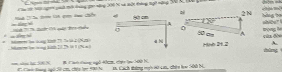 Câc Mt Một ngai già một tùng gao năng 300 N xà một thùng ngô nặng 20 K Dôi gi
chịu mộ
2N
St T ần tc đá quay theo chiếu bằng ba
m áng hù
20°
N nh 20 2 đà Cế quay tha cế trọng lư nhiêu? I
0
ē a dng tú
50 cm A
* Mismnti rong hni 21.2 1.2 (Nr) củn đòn
Hình 21.2
Mment lực rong Snh 20 25lü 1 (N) A.
tháng 
an, chú l: S0N. B. Cích thủng ngô 40cm, chu lực 500 N.
C. Cách tủng ngô 50 cn, cịu lục 500 N. D. Cách thùng ngô 60 cm, chịu lợc 500 N.