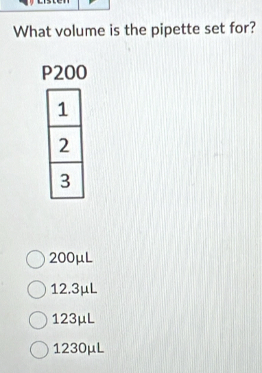 What volume is the pipette set for?
P200
200μL
12.3μL
123μL
1230μL