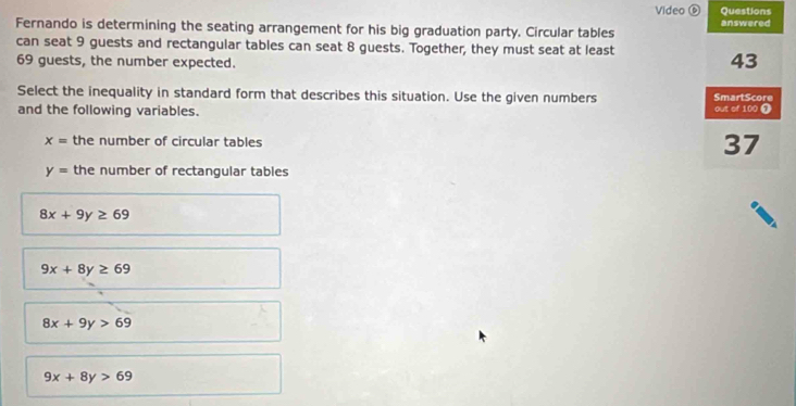 Video ⑥ Questions
Fernando is determining the seating arrangement for his big graduation party. Circular tables answered
can seat 9 guests and rectangular tables can seat 8 guests. Together, they must seat at least
69 guests, the number expected.
43
Select the inequality in standard form that describes this situation. Use the given numbers SmartScore out of 100 1
and the following variables.
x= the number of circular tables 37
y= the number of rectangular tables
8x+9y≥ 69
9x+8y≥ 69
8x+9y>69
9x+8y>69