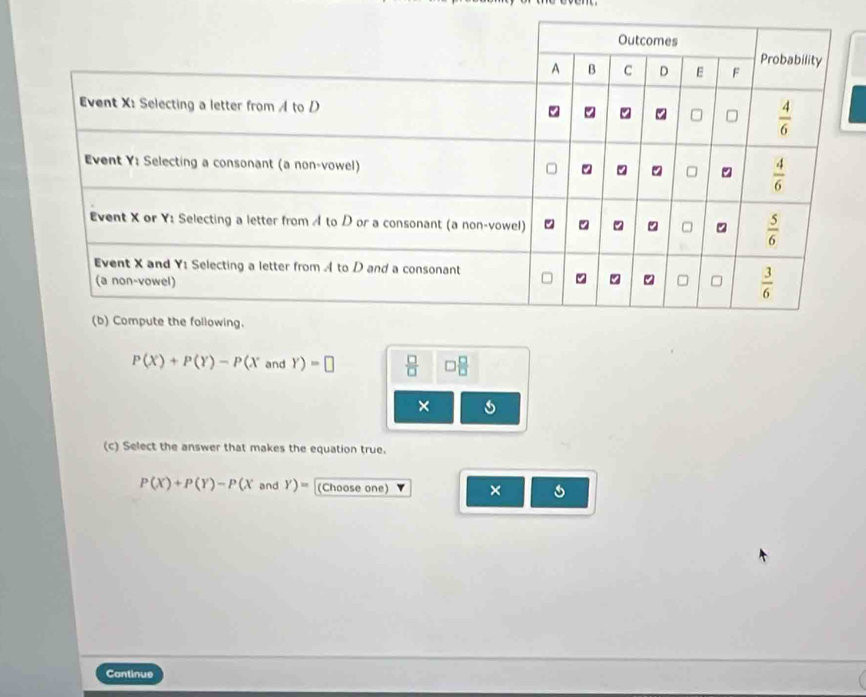 P(X)+P(Y)-P(X and Y)=□  □ /□   □  □ /□  
×
(c) Select the answer that makes the equation true.
P(X)+P(Y)-P(X and Y)= (Choose one) ×
Continue