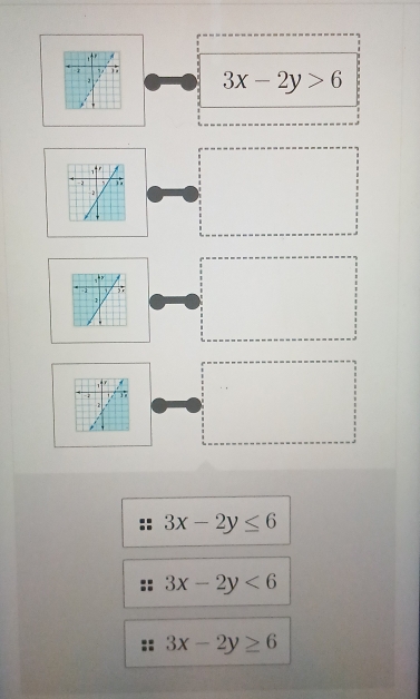 3x-2y>6
3x-2y≤ 6
3x-2y<6</tex>
3x-2y≥ 6