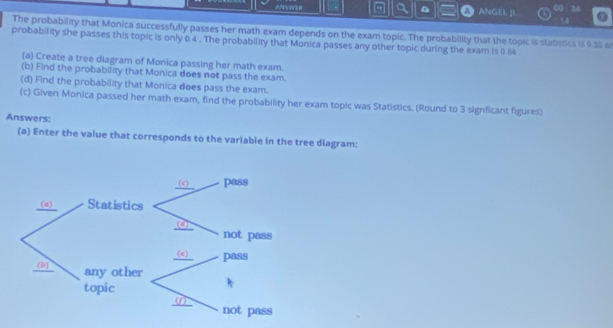 a 。 ANGEL JI 
14 
The probability that Monica successfully passes her math exam depends on the exam topic. The probability that the topic is stabissics is 938 ar 
probability she passes this topic is only 0.4. The probability that Monica passes any other topic during the exam is 0.84
(a) Create a tree diagram of Monica passing her math exam. 
(b) Find the probability that Monica does not pass the exam. 
(d) Find the probability that Monica does pass the exam. 
(c) Given Monica passed her math exam, find the probability her exam topic was Statistics. (Round to 3 signficant figures) 
Answers: 
(a) Enter the value that corresponds to the variable in the tree diagram: