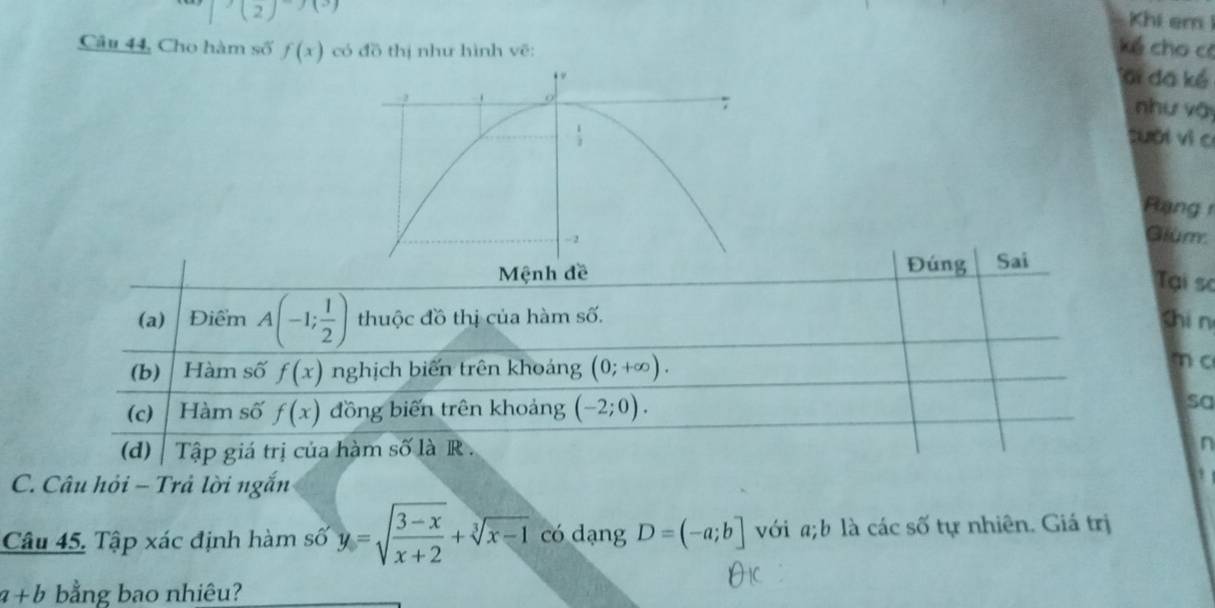 Khi em
(2) kể cho có
Câu 44, Cho hàm số f(x) có đồ thị như hình vẽ:
ai đã kể
như vậi
tuài vì c
R ạng
Glum
Mệnh đềĐúng Sai
Tại so
(a) Điểm A(-1; 1/2 ) thuộc đồ thị của hàm số. shi n
(b) Hàm số f(x) nghịch biến trên khoảng (0;+∈fty ).
m c
(c) Hàm số f(x) đồng biến trên khoảng (-2;0).
sa
(d) Tập giá trị của hàm số là R .
n
C. Câu hỏi - Trả lời ngắn
Câu 45. Tập xác định hàm số y=sqrt(frac 3-x)x+2+sqrt[3](x-1) có dạng D=(-a;b] với a;b là các số tự nhiên. Giá trị
a+b bằng bao nhiêu?