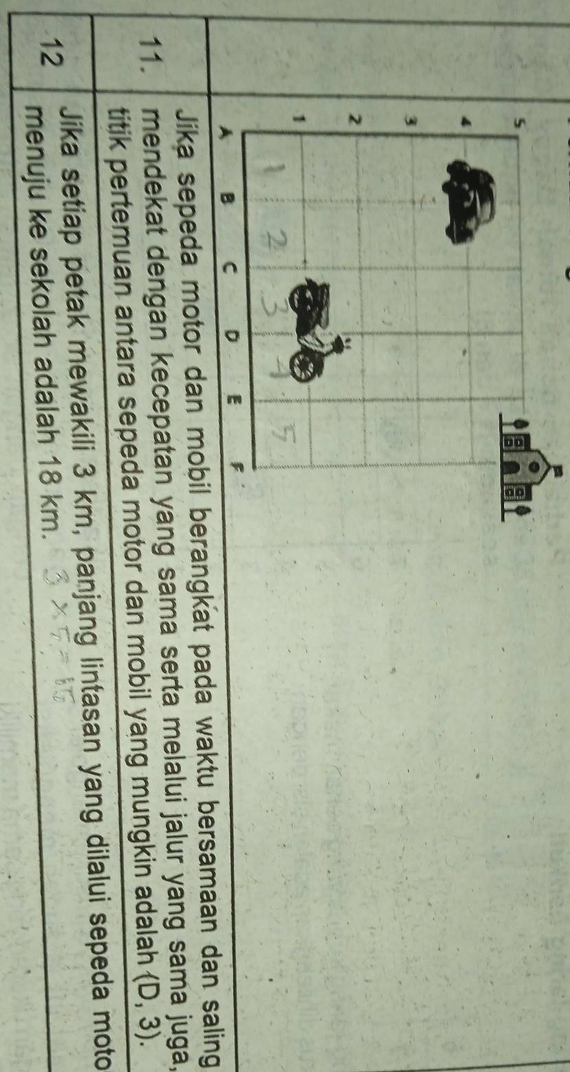 s
3
2
1
A B C D E F
Jika sepeda motor dan mobil berangkat pada waktu bersamaan dan saling
11. mendekat dengan kecepatan yang sama serta melalui jalur yang sama juga, 
titik pertemuan antara sepeda motor dan mobil yang mungkin adalah (D,3). 
Jika setiap petak mewakili 3 km, panjang lintasan yang dilalui sepeda moto
12 menuju ke sekolah adalah 18 km.
