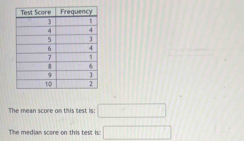 The mean score on this test is: □
The median score on this test is: □