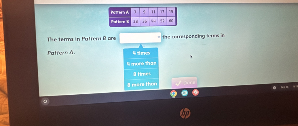 The terms in Pattern B are the corresponding terms in
Pattern A. 4 times
4 more than
8 times
8 more than Done
Srp l6