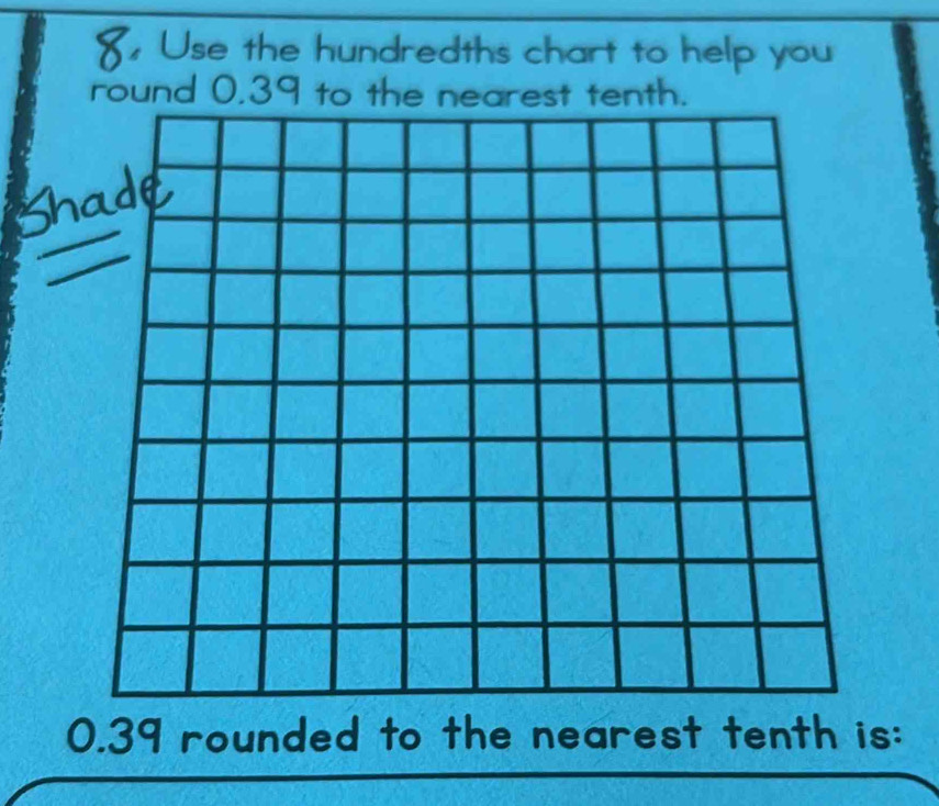 Solved: 8, Use the hundredths chart to help you round 0.39 to the ...
