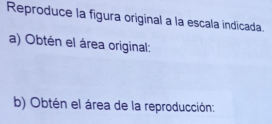 Reproduce la figura original a la escala indicada. 
a) Obtén el área original: 
b) Obtén el área de la reproducción: