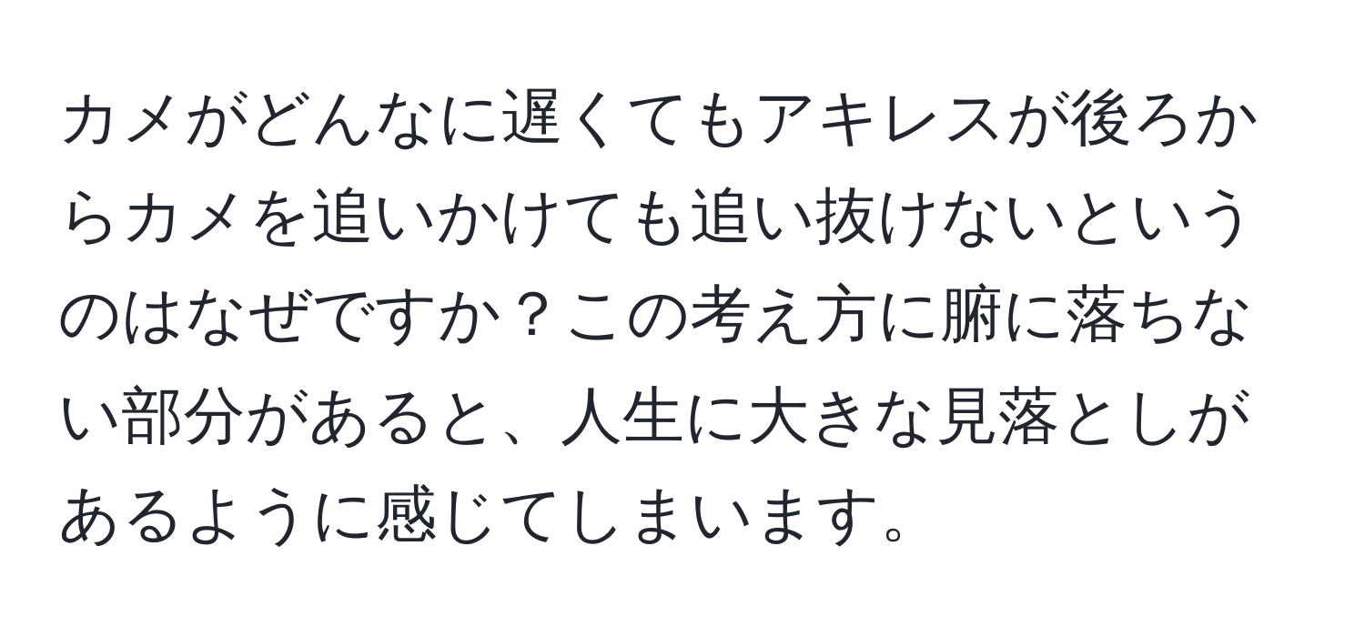 カメがどんなに遅くてもアキレスが後ろからカメを追いかけても追い抜けないというのはなぜですか？この考え方に腑に落ちない部分があると、人生に大きな見落としがあるように感じてしまいます。