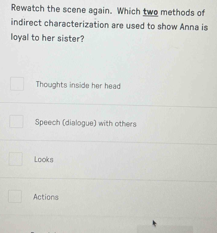 Rewatch the scene again. Which two methods of
indirect characterization are used to show Anna is
loyal to her sister?
Thoughts inside her head
Speech (dialogue) with others
Looks
Actions