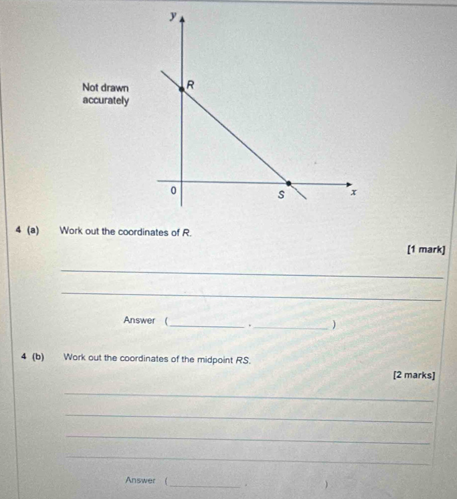 Not drawn 
accurately 
4 (a) Work out the coordinates of R. 
[1 mark] 
_ 
_ 
Answer (_ _) 
4 (b) Work out the coordinates of the midpoint RS. 
[2 marks] 
_ 
_ 
_ 
_ 
Answer (_ ) 
.