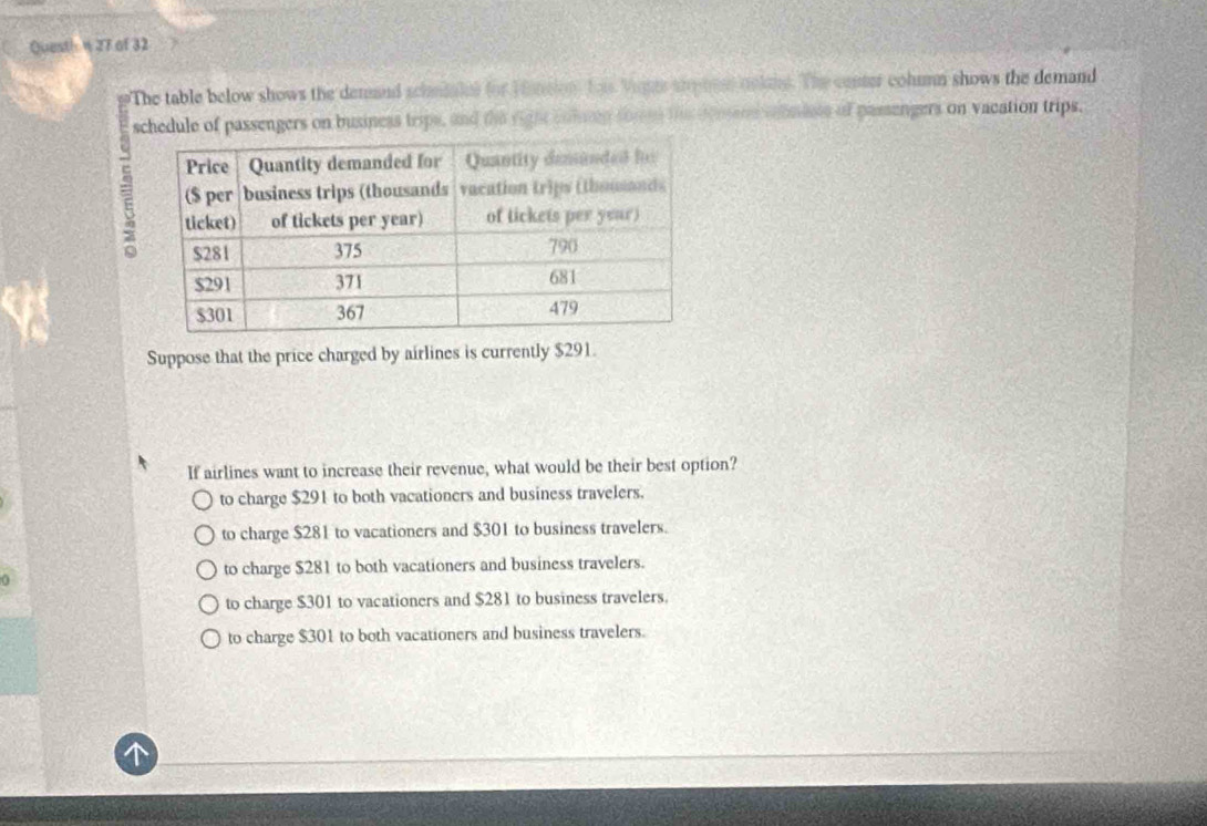 Questh n 27 of 32
The table below shows the demand schniaiel for Hnsion has Vites shphes nolins. The center cohumn shows the demand
schedule of passengers on business trips, and the right coming someg thie denenn sbnasts of passengers on vacation trips,
Suppose that the price charged by airlines is currently $291.
If airlines want to increase their revenue, what would be their best option?
to charge $291 to both vacationers and business travelers.
to charge $281 to vacationers and $301 to business travelers.
0
to charge $281 to both vacationers and business travelers.
to charge $301 to vacationers and $281 to business travelers.
to charge $301 to both vacationers and business travelers.