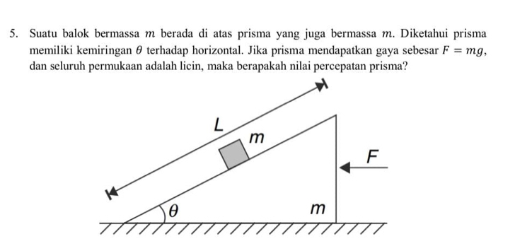 Suatu balok bermassa m berada di atas prisma yang juga bermassa m. Diketahui prisma 
memiliki kemiringan θ terhadap horizontal. Jika prisma mendapatkan gaya sebesar F=mg, 
dan seluruh permukaan adalah licin, maka berapakah nilai percepatan prisma?