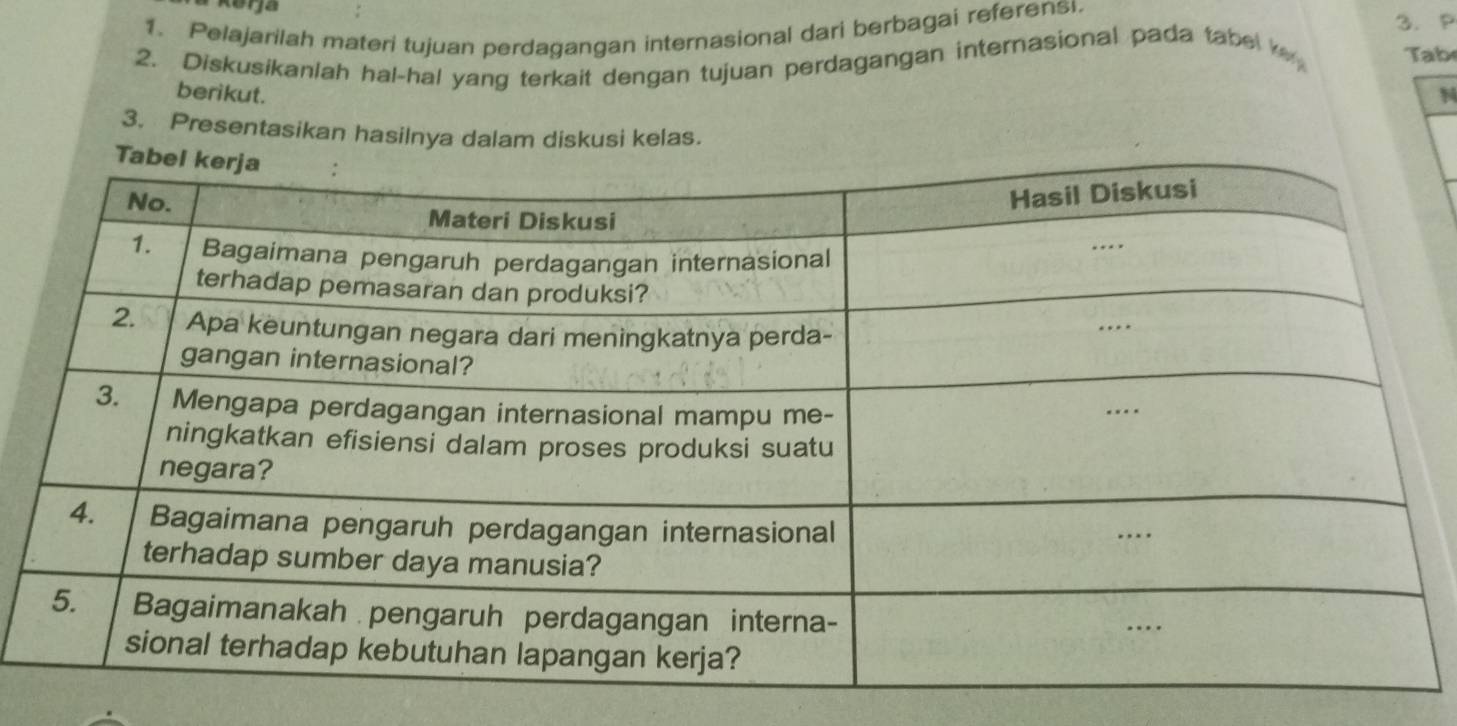 Pelajarilah materi tujuan perdagangan internasional dari berbagai referens. 
3.P 
2. Diskusikanlah hal-hal yang terkait dengan tujuan perdagangan internasional pada tabe Tab 
berikut. 
3. Presentasikan hasilnya dalam diskusi kelas.