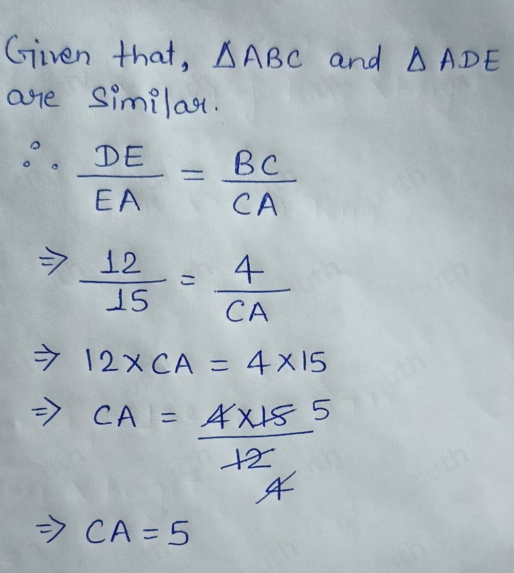 Solved: ABC and ADE are similar. Find the length of side overline CA ...