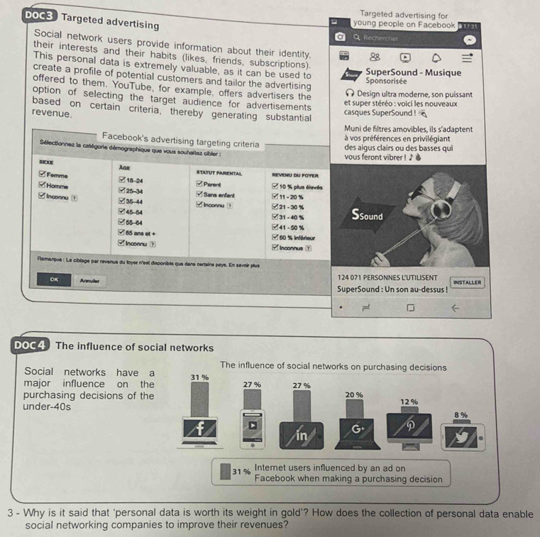 Targeted advertising for 
DOC3 Targeted advertising 
young people on Facebook 
Rechercher 
Social network users provide information about their identity, 
their interests and their habits (likes, friends, subscriptions). 
This personal data is extremely valuable, as it can be used to 
SuperSound - Musique 
create a profile of potential customers and tailor the advertising 
Sponsorisée 
offered to them. YouTube, for example, offers advertisers the 
Design ultra moderne, son puissant 
option of selecting the target audience for advertisements 
et super stéréo : voici les nouveaux 
based on certain criteria, thereby generating substantial 
revenue. 
casques SuperSound ! 
Muni de filtres amovibles, ils s'adaptent 
Facebook's advertising targeting criteria à vos préférences en privilégiant 
des aigus clairs ou des basses qui 
Sélectionnez la catégorie démographique que vous souhaltez cibler : 
vous feront vibrer ! ♪ 
5EXE Ags STATUT PARENTAL REVENU DU FOYER 
Femme 18-24 Parent 10 % plus élerés 
Homme 25-34 Sans enfant □ 11 - 20 %
Inconnu , 35-44 Inconnu ？ [ 21 - 30 %
45-54 [ 31 - 40 % Ssound
65-64 41 - 50 %
85 ans et + 1 50 % Inférieur 
Inconnu ⑦ nconnus _ 
Remarque : Le ciblage par revenus du foyer n'est disponible que dans certains pays. En savoir plus 
OK Annuler 124 071 PERSONNES L'UTILISENT INSTALLER 
SuperSound : Un son au-dessus ! 
DOC4 The influence of social networks 
The influence of social networks on purchasing dec 
Social networks have 
major influence on th 
purchasing decisions of th 
under-40s 
Internet users influenced by an ad on
31% Facebook when making a purchasing decision 
3 - Why is it said that 'personal data is worth its weight in gold'? How does the collection of personal data enable 
social networking companies to improve their revenues?