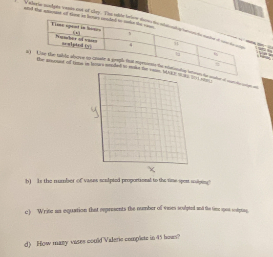 and the amount of time in h 
Valeric sculpes vases out of clay. The table b 
a 
ae soudter of seans the stalgn) sad 
b) Is the number of vases sculpted proportional to the time spent sculpting? 
c) Write an equation that represents the number of vases sculpted and the time spent sculpting. 
d) How many vases could Valerie complete in 45 hours?