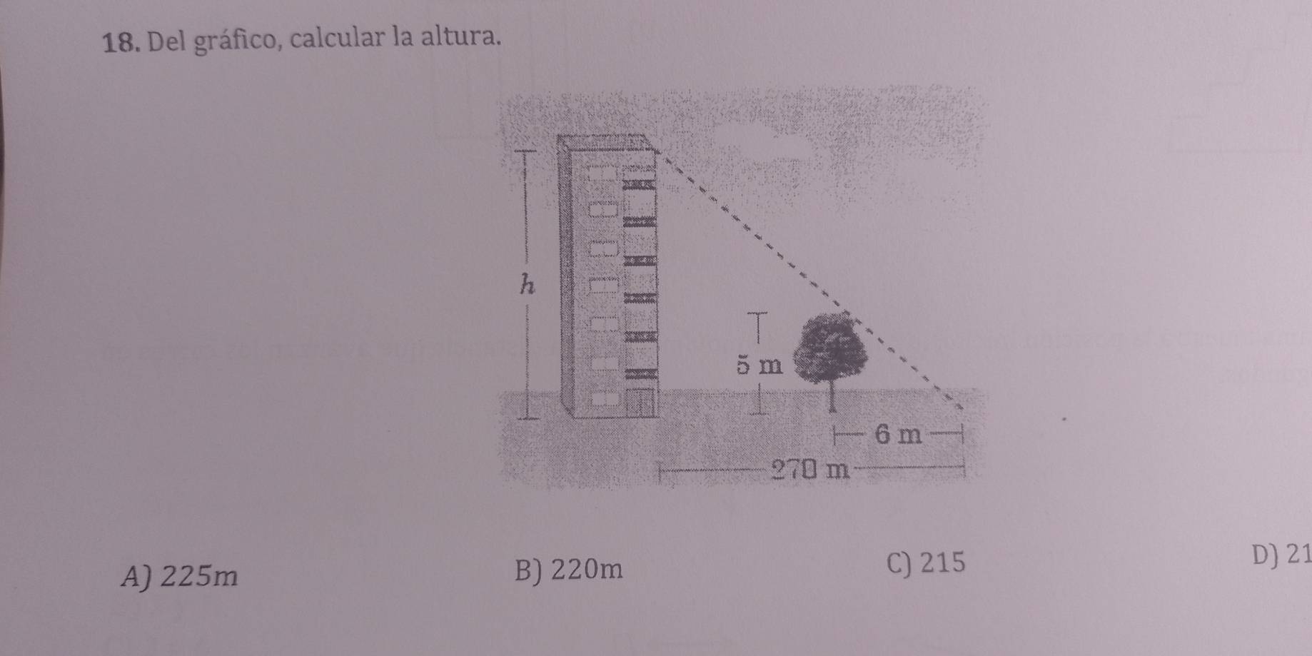 Del gráfico, calcular la altura.
A) 225m B) 220m C) 215
D) 21