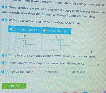 heuium a wave moves through does not change, wave speed 
Maya creates a wave with a constant speed of 18 feet per second. As
wavelength, how does the frequency change? Complete the table.
Write your answers as whole numbers or decimals.
Complete the sentence about a wave moving at constant speed.
If the wave's wavelength increases, then its frequency _.
stays the same Increases decreases
Submit