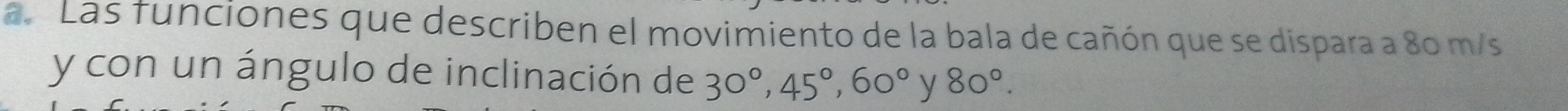 Las funciones que describen el movimiento de la bala de cañón que se dispara a 80 m/s
y con un ángulo de inclinación de 30°, 45°, 60° y 80°.