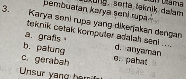 un útama
ükung, serta teknik dalam
pembuatan karya seni rupa

3. Karya seni rupa yang dikerjakan dengan
teknik cetak komputer adalah seni ....
a. grafis
d. anyaman
b. patung e. pahat
c. gerabah
Unsur yang hercif