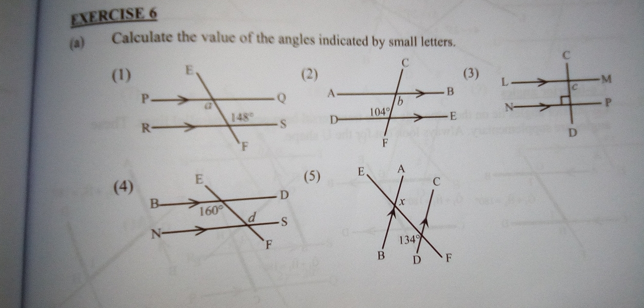 Calculate the value of the angles indicated by small letters.
(1)(23)
(5)
(4)