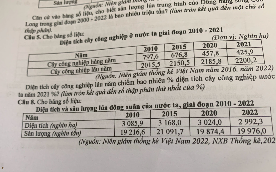 Sản lượng 
(Nguồn: Niên giám tông 
Căn cứ vào bảng số liệu, cho biết sản lượng lúa trung bình của Đông bang song 
Long trong giai đoạn 2000 - 2022 là bao nhiêu triệu tấn? (làm tròn kết quả đến một chữ số 
thập phân). 
ệp ở nước ta giai đoạn 2010 - 2021 
o bảng số liệu: 
ị: Nghìn ha) 
Diện tích cây công nghiệp lâu năm chiếm bao nhiêu % diện tích cây công nghiệ 
ta năm 2021 %? (làm tròn kết quả đến số thập phân thứ nhất của %) 
Câu 8. Cho bảng số liệu: 
nước ta, giai đoạn 2010 - 2022 
(Nguồn: Niên giám thống kê Việt Nam 2022, NXB Thống kê, 202