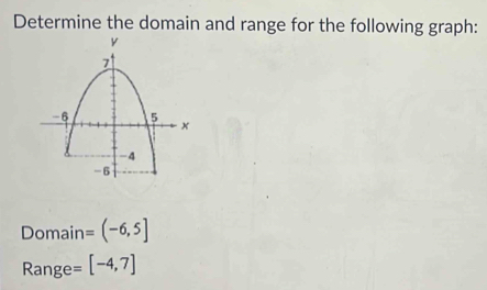 Determine the domain and range for the following graph: 
Domain =(-6,5]
Range = [-4,7]