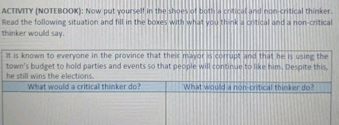 ACTIVITY (NOTEBOOK): Now put yourself in the shoes of both a critical and non-critical thinker. 
Read the following situation and fill in the boxes with what you think a critical and a non-critical 
thinker would say.