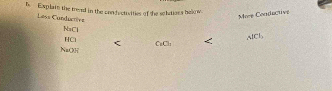 Explain the trend in the conductivities of the solutions below. 
Less Conductive 
More Conductive 
NaCl 
HC] 
A JCl_3
CaCl_2
NaOH