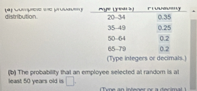 Complete the probaumy 
distribution. 
(Type integers or decimals.) 
(b) The probability that an employee selected at random is at 
least 50 years old is □ 
y n e an integer or a decimal