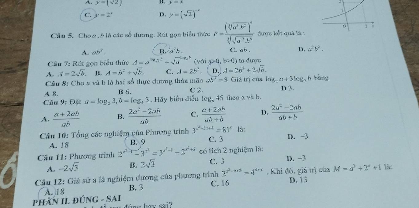 A. y=(sqrt(2))
B. y=x
C. y=2^x D. y=(sqrt(2))^-x
Câu 5. Cho a , b là các số dương. Rút gọn biểu thức P=frac (sqrt[4](a^3b^2))^4sqrt[3](sqrt a^(12)b^6) được kết quả là :
A. ab^2. B. a^2b. C. ab . D. a^2b^2.
Câu 7: Rút gọn biểu thức A=a^(log _sqrt(a))b+sqrt a^((log _a)b) (với a>0,b>0) ta được
A. A=2sqrt(b). B. A=b^2+sqrt(b). C. A=2b^2. D. A=2b^2+2sqrt(b).
Câu 8: Cho a và b là hai số thực dương thỏa mãn ab^3=8 Giá trị của log _2a+3log _2b bằng
A 8. B 6.
C 2. D 3.
Câu 9:D ặt a=log _23,b=log _53. Hãy biểu diễn log _645 theo a và b.
A.  (a+2ab)/ab 
D.
B.  (2a^2-2ab)/ab  C.  (a+2ab)/ab+b   (2a^2-2ab)/ab+b 
Câu 10: Tổng các nghiệm của Phương trình 3^(x^2)-5x+4=81^x là:
C. 3
A. 18 B. 9 D. -3
Câu 11: Phương trình 2^(x^2)-1-3^(x^2)=3^(x^2)-1-2^(x^2)+2 có tích 2 nghiệm là:
C. 3 D. −3
A. -2sqrt(3)
B. 2sqrt(3)
Câu 12: Giả sử a là nghiệm dương của phương trình 2^(x^2)-x+8=4^(4+x). Khi đó, giá trị của M=a^2+2^a+1 là:
A. 18 B. 3 C. 16 D. 13
PHẢN II. ĐÚNG - SAI
đúng hay sai?