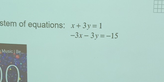 stem of equations: x+3y=1
-3x-3y=-15
Muic