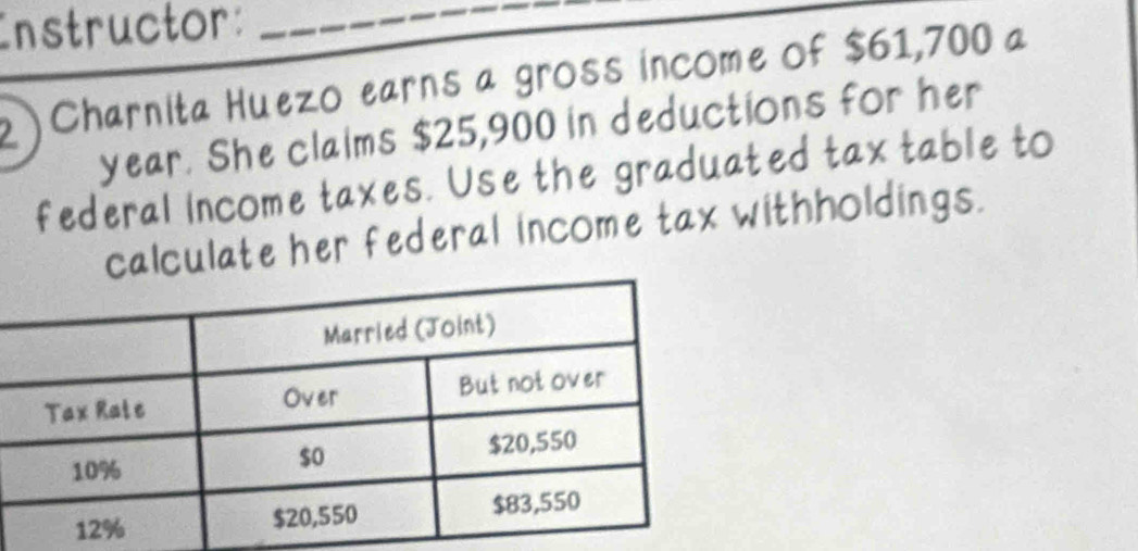 Instructor:_ 
2 ) Charnita Huezo earns a gross income of $61,700 a 
year. She claims $25,900 in deductions for her 
federal income taxes. Use the graduated tax table to 
calculate her federal income tax withholdings.