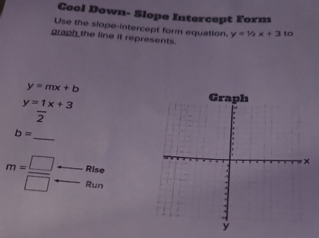 Cool Down- Slope Intercept Form 
Use the slope-intercept form equation. y=1/2x+3 to 
graph the line it represents.
y=mx+b
y=frac 12^((x+3)
b= _ 
Rise
m=frac □)□  Run