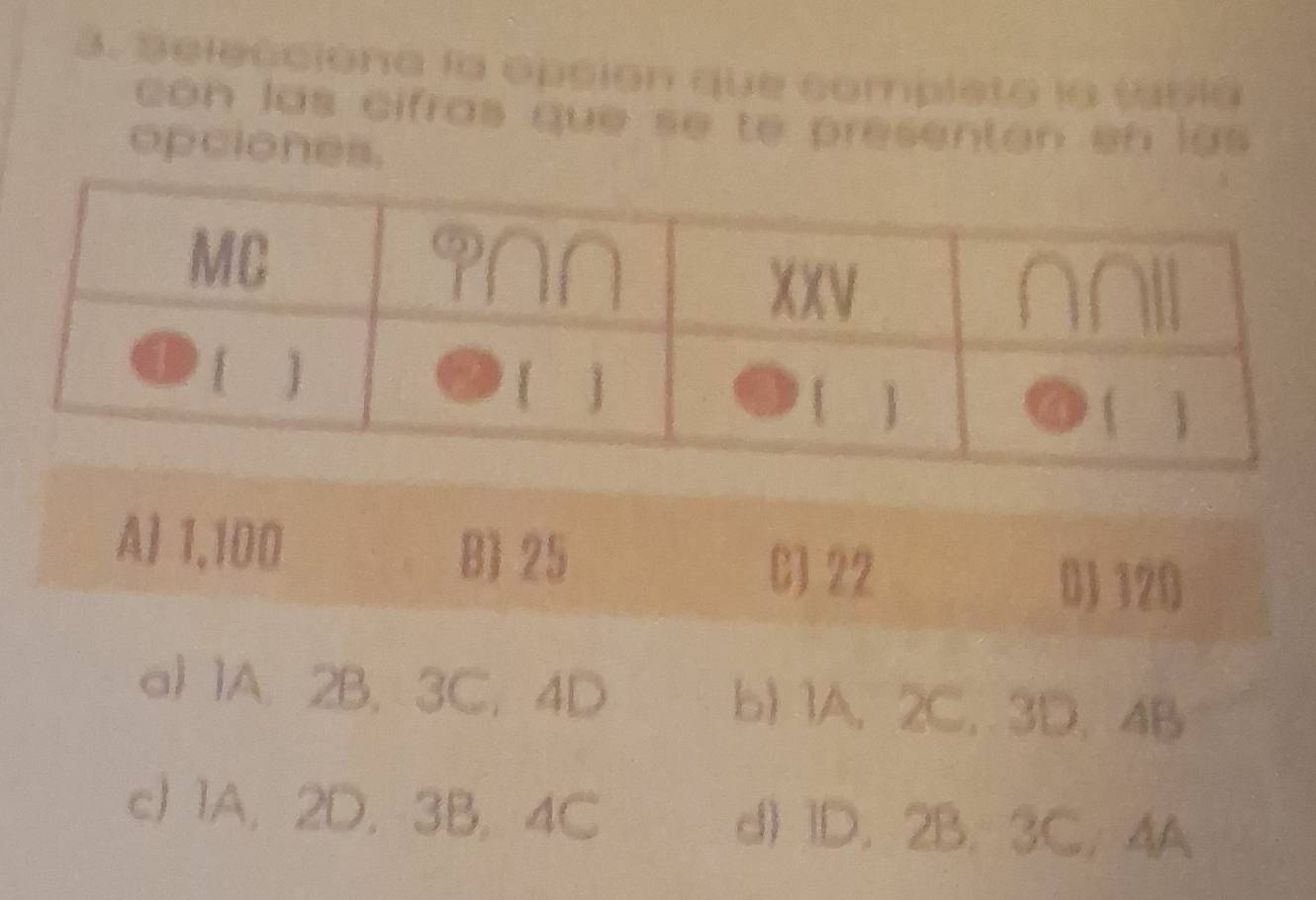 Selecciona la opción que complsto la tabia
con las cifras que se te presentan en las.
opciones.
A 1,100 B 25
C] 22
D1 120
a) 1A. 2B. 3C. 4D b) 1A. 2C. 3D. 4B
c) 1A, 2D. 3B, 4C d) 1D. 2B. 3C. 4A