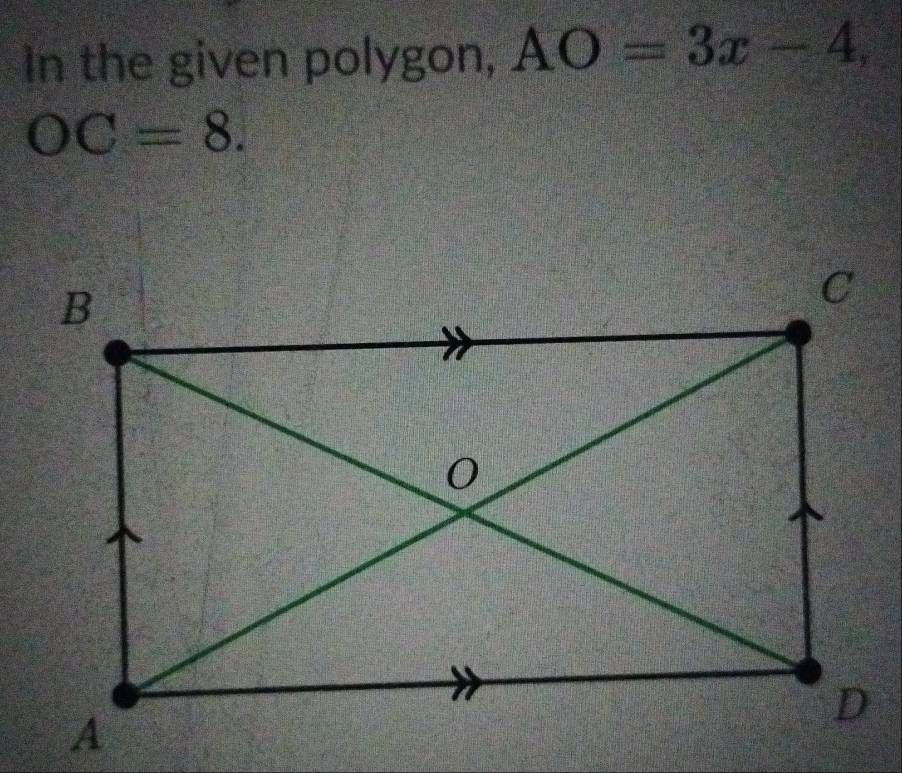 In the given polygon, AO=3x-4,
OC=8.