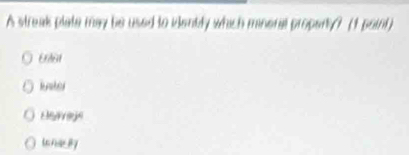 A streak plate may be used to idenbly which minera properly? (1 point)
kater
Heage
londuily