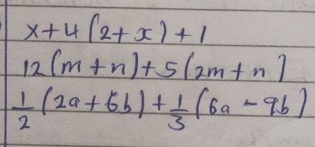 x+4(2+x)+1
12(m+n)+5(2m+n)
 1/2 (2a+6b)+ 1/3 (6a-9b)