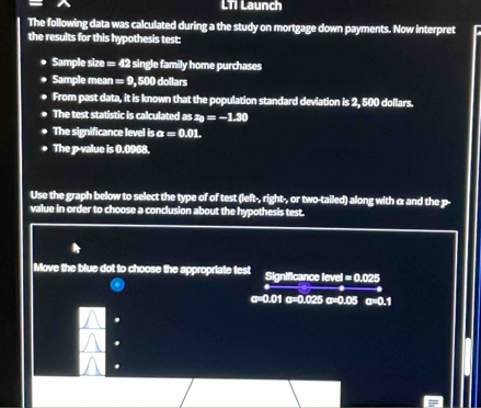LTi Launch 
The following data was calculated during a the study on mortgage down payments. Now interpret 
the results for this hypothesis test: 
Sample size = 42 single family home purchases 
Sample mean =9 , 500 dollars
From past data, it is known that the population standard deviation is 2, 500 dollars. 
The test statistic is calculated as z_1=-1.30
The significance level is a=0.01. 
The p -value is 0.0968. 
Use the graph below to select the type of of test ( ch, n^- at-, or two-tailed) along with αand the p - 
value in order to choose a conclusion about the hypothesis test. 
Move the blue dot to choose the appropriate test Significance level = 0.025
sigma =0.01 a=0.025 a=0.05 a=0.1. 
. 
.