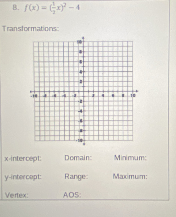 f(x)=( 1/2 x)^2-4
Transformations: 
x-intercept: Domain: Minimum: 
y-intercept: Range: Maximum: 
Vertex: AOS: